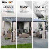 Sunjoy 12 x 14 ft Wall Mounted Gazebo with Powder Coated Steel Roof, Black Aluminum & Metal Frame Lean to Gazebo with Curtains and Netting Sunjoy