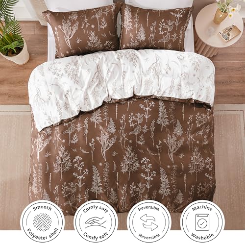 Love's cabin Chocolate Full Comforter Set - Full Size Comforter Set, 3 Pieces Cute Floral Bedding Sets for All Seasons,1 Soft Reversible Botanical Flowers Comforter and 2 Pillow Shams Love's cabin