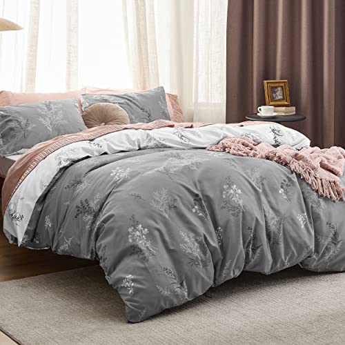 Bedsure Duvet Cover King Size - Reversible Floral Duvet Cover Set with Zipper Closure, 3 Pieces Grey Bedding Set with 8 Corner Ties and 2 Pillowcases 20"x36" Bedsure
