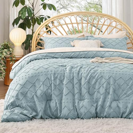 Bedsure Twin Comforter Set - Dusty Blue Comforter, Boho Tufted Shabby Chic Bedding for Kids, 2 Pieces Vintage Farmhouse Bed Set for All Seasons, Fluffy Soft Bedding with 1 Pillow Sham Bedsure
