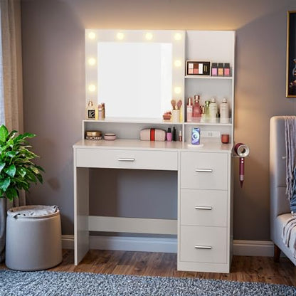 Furmax Vanity Desk with LED Lighted Mirror&Power Outlet, 39.3’’ Makeup Vanity Table with 4 Drawers and 3 Storage Shelves, Adjustable 3 Lighting Color for Bedroom&Dressing Room (White)