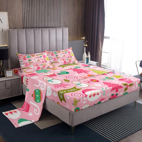Erosebridal Pink Christmas Bed Sheets, Cartoon Santa Claus Sheet Set Twin for Kids Boys Girls Women Bedroom, Snowman Pine Fitted Sheet + Christmas Tree Cute Deer Top Sheet + 1 Xmas Decor Pillow Case Erosebridal