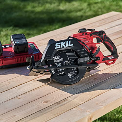 SKIL 2x20V PWR CORE 20 Brushless 7-1/4” Rear Handle Circular Saw Kit Includes Two 5.0Ah Batteries and Dual Port Auto PWR Jump Charger-CR5429B-20, Red - WoodArtSupply