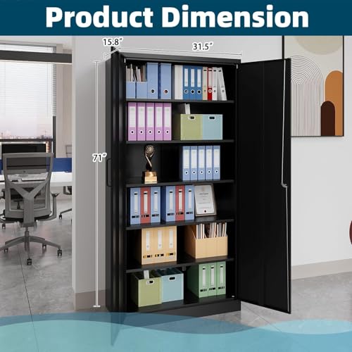 GUIZEEOPO Garage Storage Cabinet with Doors and Shelves, Metal Storage Cabinet with 5 Adjustable Shelves, Kitchen Pantry Cabinet, File Cabinets for Home Office, Filing Cabinet, 71'H, Matte Black GUIZEEOPO