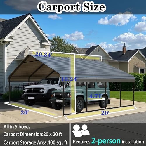 FILLOSLOV Heavy Duty Metal Carport 20x20 FT Galvanized Steel Carport Shelter for 2 Car Extra Large Canopy for Dual Vehicle, RV Boat Storage All Weather Protection Garage Party Tent (20x20 FT) FILLOSLOV