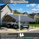 FILLOSLOV Heavy Duty Metal Carport 20x20 FT Galvanized Steel Carport Shelter for 2 Car Extra Large Canopy for Dual Vehicle, RV Boat Storage All Weather Protection Garage Party Tent (20x20 FT) FILLOSLOV