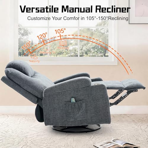 Korser Recliner Chair, 360° Manual Swivel Rocker Chair with Overstuffed Headrest, Rocking Chair with Massage and Heating, Lounge Chair with Cup Holders for Living Room, Bedroom, Nursery, RV, Chenille