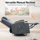 Korser Recliner Chair, 360° Manual Swivel Rocker Chair with Overstuffed Headrest, Rocking Chair with Massage and Heating, Lounge Chair with Cup Holders for Living Room, Bedroom, Nursery, RV, Chenille