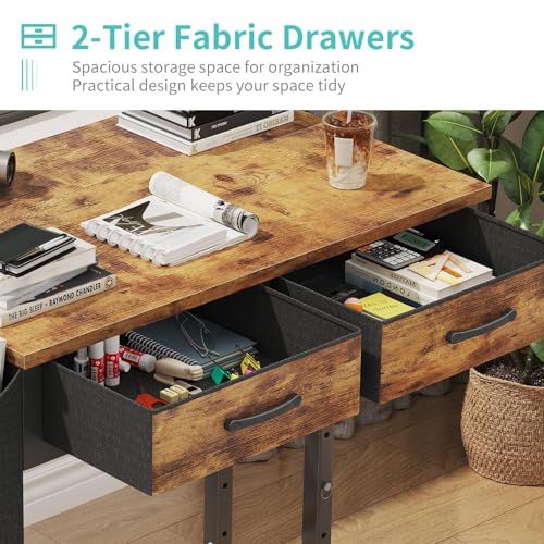 Small Portable Standing Rolling Desk - 32 Inch Adjustable Mobile Stand Up Teacher Desks with 2 Fabric Drawers on Wheels, Couch Sofa Side Laptop Table with Storage for Bedroom Home Office, Rustic Brown WINAZ
