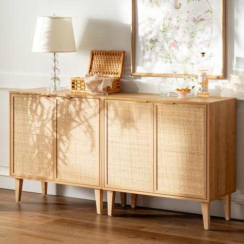 EYYTHUNG Accent Storage Cabinet Set of 2 Sideboard with Rattan Doors, Boho Buffet Kitchen Bar Cabinet Farmhouse Credenza Cabinet with Adjustable Shelves for Living Room (Natural Oak) EYYTHUNG