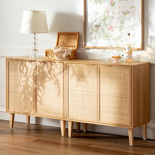 EYYTHUNG Accent Storage Cabinet Set of 2 Sideboard with Rattan Doors, Boho Buffet Kitchen Bar Cabinet Farmhouse Credenza Cabinet with Adjustable Shelves for Living Room (Natural Oak) - WoodArtSupply