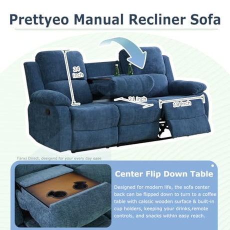 Prettyeo Reclining Sofa Set for Living Room, 2 Pieces Fabric Recliner Sofa Loveseat Set with Cup Holders & Storage Console, Manual Reclining Furniture for Home Theater, Office, Club | Blue, Microfiber Prettyeo