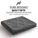 Pure Bedding Quilt Set Full/Queen Size Dark Grey - Oversized Bedspread - Soft Microfiber Coverlet for All Season - Includes 1 Quilt and 2 Shams, Ocean Star Pattern Pure Bedding