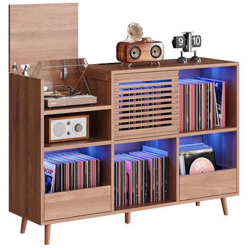 IRONCK Mid Century Modern Record Player Stand, Holds 1000+ Vinyl Records with 2 Drawers, Large Turntable Stand with Charging Station & LED Light, Suitable for Living Room & Entertainment Room, Brown IRONCK