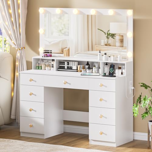 DDONGMM White Vanity with Lighted Mirror, Makeup Vanity Desk with Power Outlet, 9 Drawers & Shelf Storage, 43.3” Large Vanity Desk, Women Girls Vanity Dressing Table for Bedroom Bathroom DDONGMM