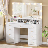 DDONGMM White Vanity with Lighted Mirror, Makeup Vanity Desk with Power Outlet, 9 Drawers & Shelf Storage, 43.3” Large Vanity Desk, Women Girls Vanity Dressing Table for Bedroom Bathroom DDONGMM