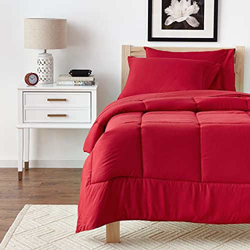 Sweet Home Collection 5 Piece Comforter Set Bag Solid Color All Season Soft Down Alternative Blanket & Luxurious Microfiber Bed Sheets, Red, Twin Sweet Home Collection