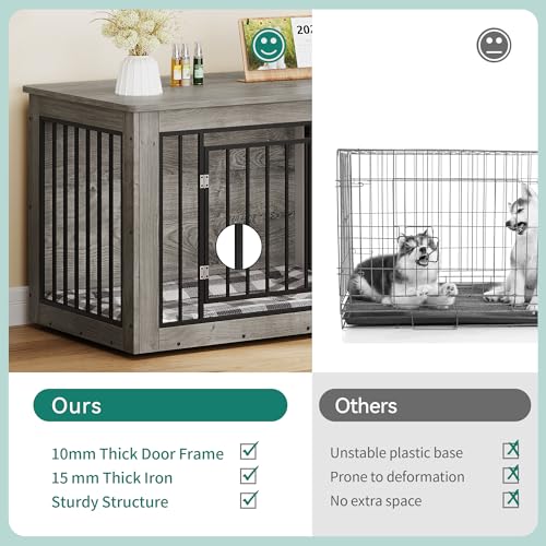 YITAHOME 76 Inch Double Dog Crate Furniture, XXL Dog Crate Furniture for 2 Dogs, Side End Table, Waterproof Top, Safety Corners, 2-in-1 Iron-Wood Fusion Dog Kennel Furniture for 2 Large Dogs,Greige YITAHOME
