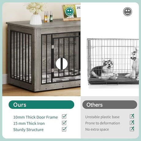 YITAHOME 76 Inch Double Dog Crate Furniture, XXL Dog Crate Furniture for 2 Dogs, Side End Table, Waterproof Top, Safety Corners, 2-in-1 Iron-Wood Fusion Dog Kennel Furniture for 2 Large Dogs,Greige YITAHOME