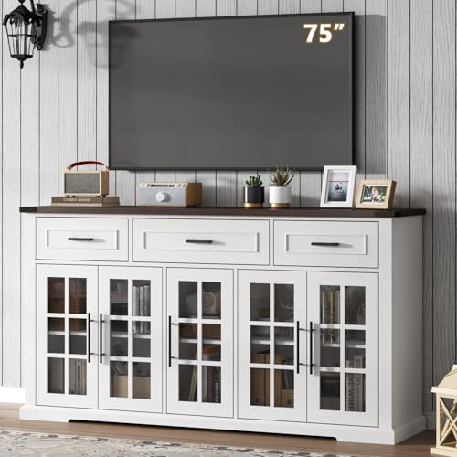 Gyfimoie 63" Sideboard Buffet Cabinet with Glass Doors, Farmhouse Large Buffet Table with 3 Storage Drawers, Modern Coffee Bar Wine Bar Cabinet with Adjustable Shelves for Kitchen, Dining Room, White Gyfimoie