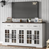 Gyfimoie 63" Sideboard Buffet Cabinet with Glass Doors, Farmhouse Large Buffet Table with 3 Storage Drawers, Modern Coffee Bar Wine Bar Cabinet with Adjustable Shelves for Kitchen, Dining Room, White Gyfimoie