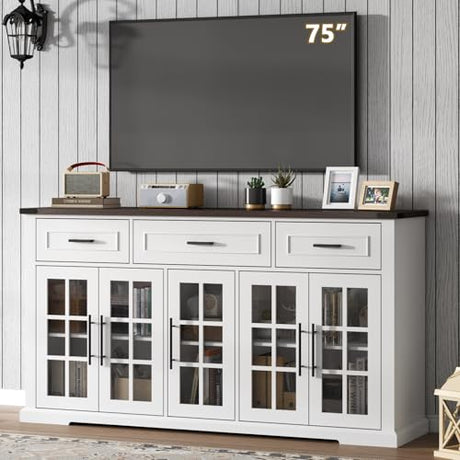 Gyfimoie 63" Sideboard Buffet Cabinet with Glass Doors, Farmhouse Large Buffet Table with 3 Storage Drawers, Modern Coffee Bar Wine Bar Cabinet with Adjustable Shelves for Kitchen, Dining Room, White Gyfimoie