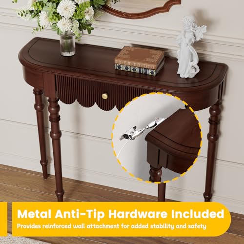 Etelifrank Solid Wood Console Table with Drawer – Dark Walnut Entryway Table with Scalloped Edge and Straight Legs, Narrow Accent Sofa Table for Living Room or Hallway(Dark Walnut) Etelifrank