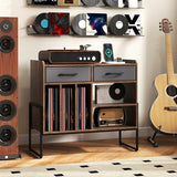 Giantex Large Record Player Stand with Charging Station, Modern Turntable Stand w/2 Fabric Drawers & Adjustable Shelf, Record Player Table, Vinyl Record Storage for Living Room (Rustic Brown) Giantex