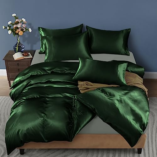 Horbaunal 5 Pieces Satin Duvet Cover Set Queen/Full Size Emerald Green Duvet Cover with Corner Ties & Zipper Closure, Luxury & Silky Bedding Set, 1 Duvet Cover and 4 Pillowcases (No Comforter) Horbaunal