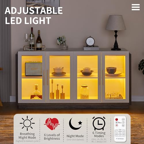 LUXOAK Sideboard Buffet Cabinet with Storage,64" Kitchen Sideboard with LED Light,Modern Wood Glass-Buffet Cabinet for Dinning Room,Kitchen,Hallway,and Living Room,White&Grey LUXOAK