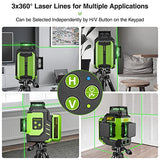 Huepar 3x360°Laser Level with 2 Li-ion Batteries 3D Outdoor Green Cross Line Self Leveling for Construction/Picture Hanging Hard Case，Magnetic Huepar