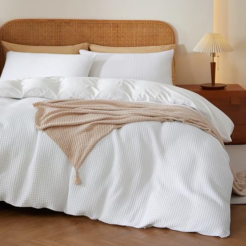 100% Egyptian Cotton Duvet Cover Set Queen Size, Waffle Weave Duvet Cover, 600 TC Soft Breathable Luxury Textured Bedding Set for All Season, 3 PCS, 1 Duvet Cover and 2 Pillowcases, White, 90"x90" Zaizaihome