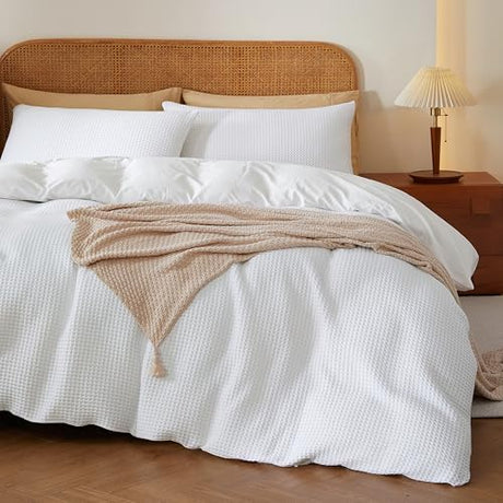 100% Egyptian Cotton Duvet Cover Set Queen Size, Waffle Weave Duvet Cover, 600 TC Soft Breathable Luxury Textured Bedding Set for All Season, 3 PCS, 1 Duvet Cover and 2 Pillowcases, White, 90"x90" Zaizaihome