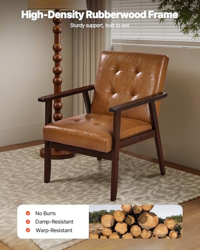 VEVOR Accent Chair, Mid Century Modern Armchair with Solid Wood Frame and Non-Slip Legs, Upholstered Leisure Chair with PU Leather and Soft Cushion, for Living Room, Bedroom, Office VEVOR