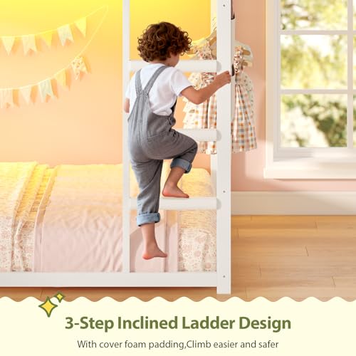 UPOSOJA Bunk Bed Twin Over Twin Bed Frame with LED Lights, Metal Bunk Bed with 13" Guardrail & 3-Step Ladder, Space Saving for Kids and Teen, White UPOSOJA