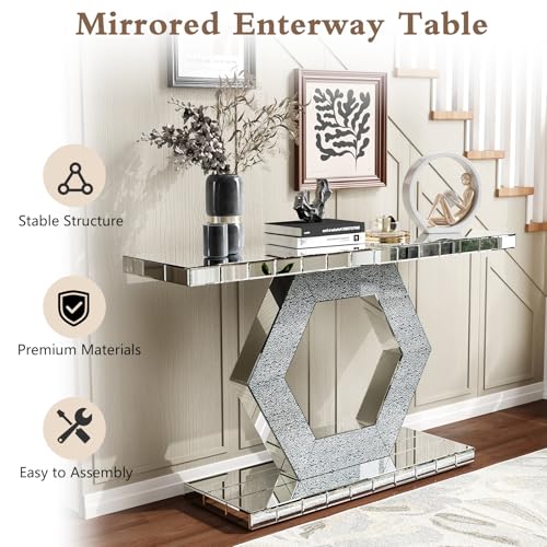 55'' Mirrored Console Table Long Mirrored Sofa Table for Living Room Office, Hexagon Design Crystal Accents, Modern Entryway Console Desk for Hallway Entrance, 55''x14.2'' Glass Top Henf