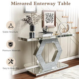 55'' Mirrored Console Table Long Mirrored Sofa Table for Living Room Office, Hexagon Design Crystal Accents, Modern Entryway Console Desk for Hallway Entrance, 55''x14.2'' Glass Top Henf