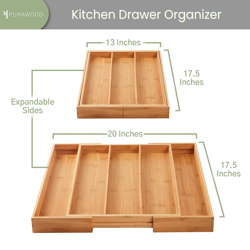 Purawood Kitchen Drawer Organizer - Expandable Utensil Drawer Organizer for Kitchen, Cutlery Tray & Silverware Drawer Organizer, 3-5 Slots - Bamboo Drawer Organizer for Utensils & Flatware (Natural) Purawood