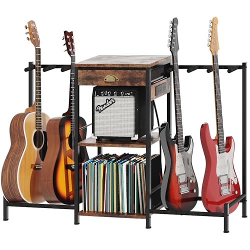 Homeiju 6-Guitar Floor Stand with Charging Station & 3-Tier Storage, Guitar Rack with Amp Stand & Cloth Drawer, Rubber Protected Guitar Holder for Studio/Home , Heavy Duty Metal Frame Homeiju
