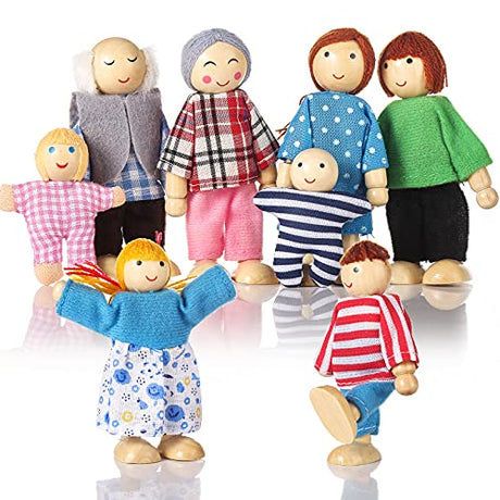 Jzszera Wooden Doll House People of 8 Figures, Dolls Family Set for Girls Toddler Kids Dollhouse Accessories Toy Jzszera