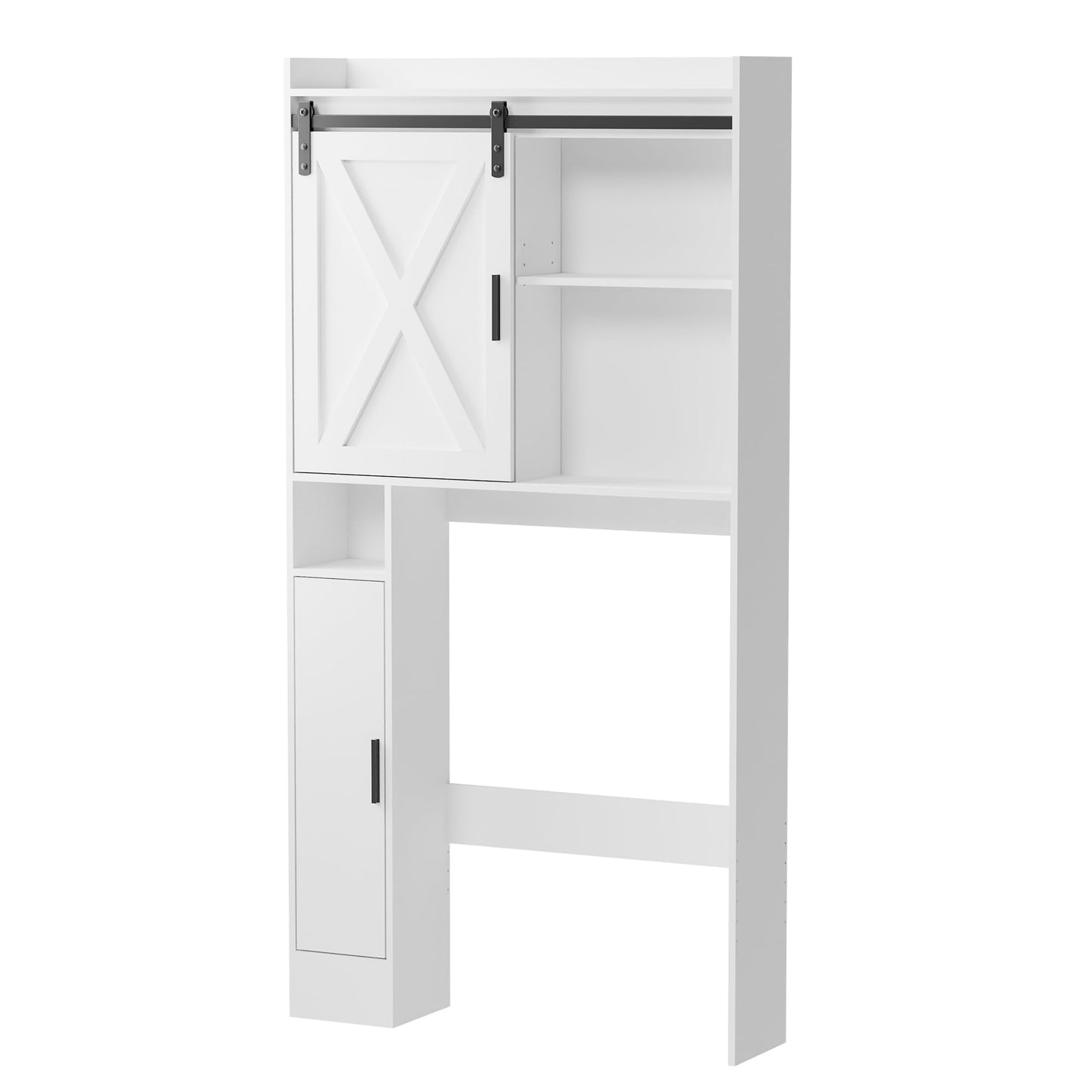 MU Over The Toilet Storage Cabinet with Sliding Barn Door, Freestanding Bathroom Over Toilet Storage with Side Shelves, Behind Toilet Storage Cabinet, White