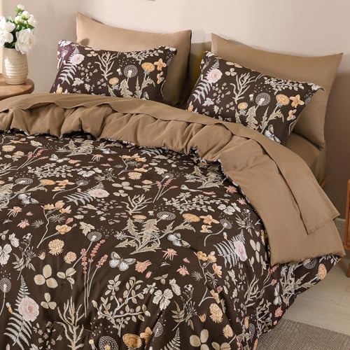 Yiran Brown Comforter Set Queen Size, 7 Piece Floral Comforter Bedding Set, Farmhouse Bed in a Bag, Soft Microfiber Complete Bedding Set with Sheets for All Season