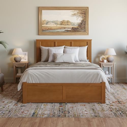 AFI Madison Queen Solid Wood Platform Bed with Footboard & Twin XL Trundle in Light Toffee AFI