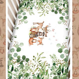 Hahafelt 3 Pcs Baby Crib Bedding Set Safari Animals Dinosaurs Bear Woodland Animals Jungle Crib Set Includes Quilt, Fitted Sheet, Skirt for Baby Boy Girl(Green,Woodland Raccoons Deer Etc.) Hahafelt