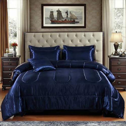 Bedding_Dreamer Silk Like Blue Comforter Set with Sheet Sets Queen 8 Pieces Satin Bedding Silky Bed-in-a-Bag Luxury Hotel Silky with 1 Cushion Cover Bedding_Dreamer