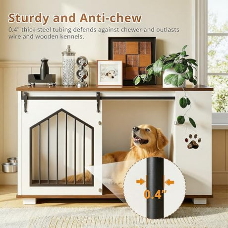 IRONCK Large Dog Crate Furniture with 2 Rotatable Dog Bowls, Wooden Dog Kennel with 2 Adjustable Shelves, Barn Doors Decorative Pet Cage Dog House as TV Stand, White IRONCK