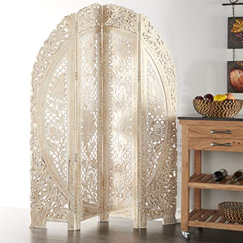 Deco 79 Wood Floral Handmade Foldable Arched Partition 4 Panel Privacy Screen with Intricately Carved Designs, Room Divider 60" x 2" x 72", White Deco 79