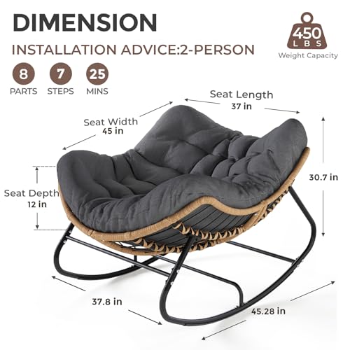 SWITTE Oversized Outdoor Papasan Rocking Chair, Wicker Egg Chair with Thick Cushion, Patio Lounge Rocker Bed for Indoor & Outdoor, Bedroom, Balcony, Porch, Garden, Dark Gray