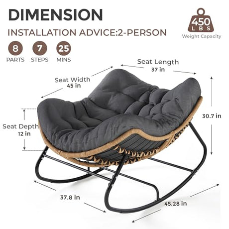 SWITTE Oversized Outdoor Papasan Rocking Chair, Wicker Egg Chair with Thick Cushion, Patio Lounge Rocker Bed for Indoor & Outdoor, Bedroom, Balcony, Porch, Garden, Dark Gray SWITTE