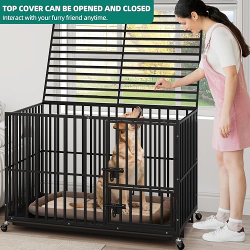 YITAHOME Heavy Duty Indestructible Dog Crate, 47/43/37 inch Escape Proof Dog Cage Kennel with Lockable Wheels, High Anxiety Dog Crate, Extra Large Crate Indoor for XL Large Dog with Removable Tray